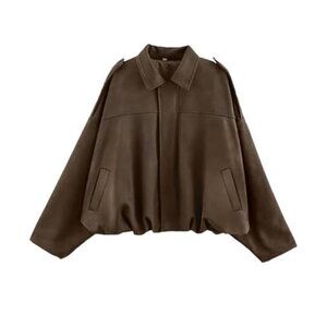 Womens Faux Suede Bomber Jacket Oversized Cropped Pilot Coat Casual Outerwear